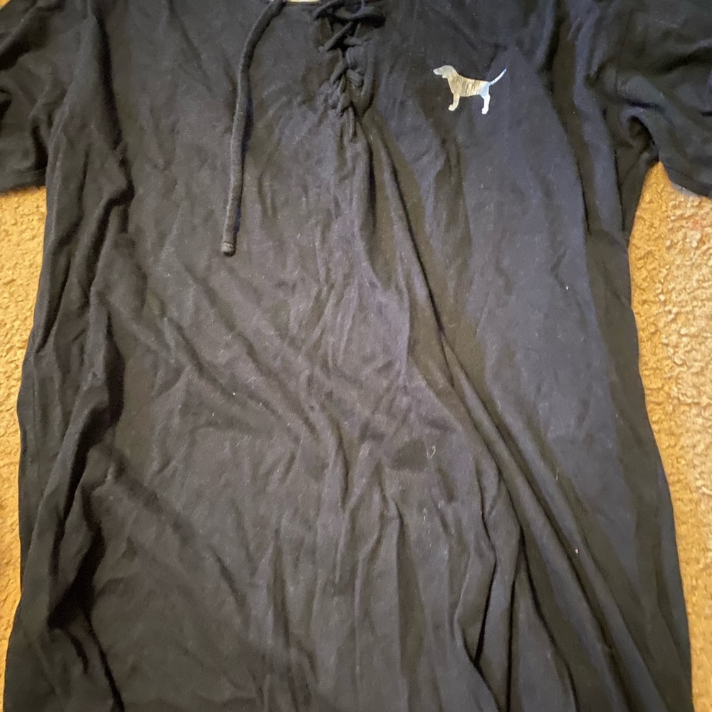 Black Short Sleeve Tee with Lace-Up V-Neck